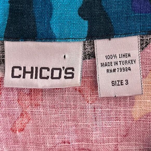 Chico’s Woman Blouse/Tunic Large button down Linen  3/4 sleeves Tropical print - Picture 15 of 17